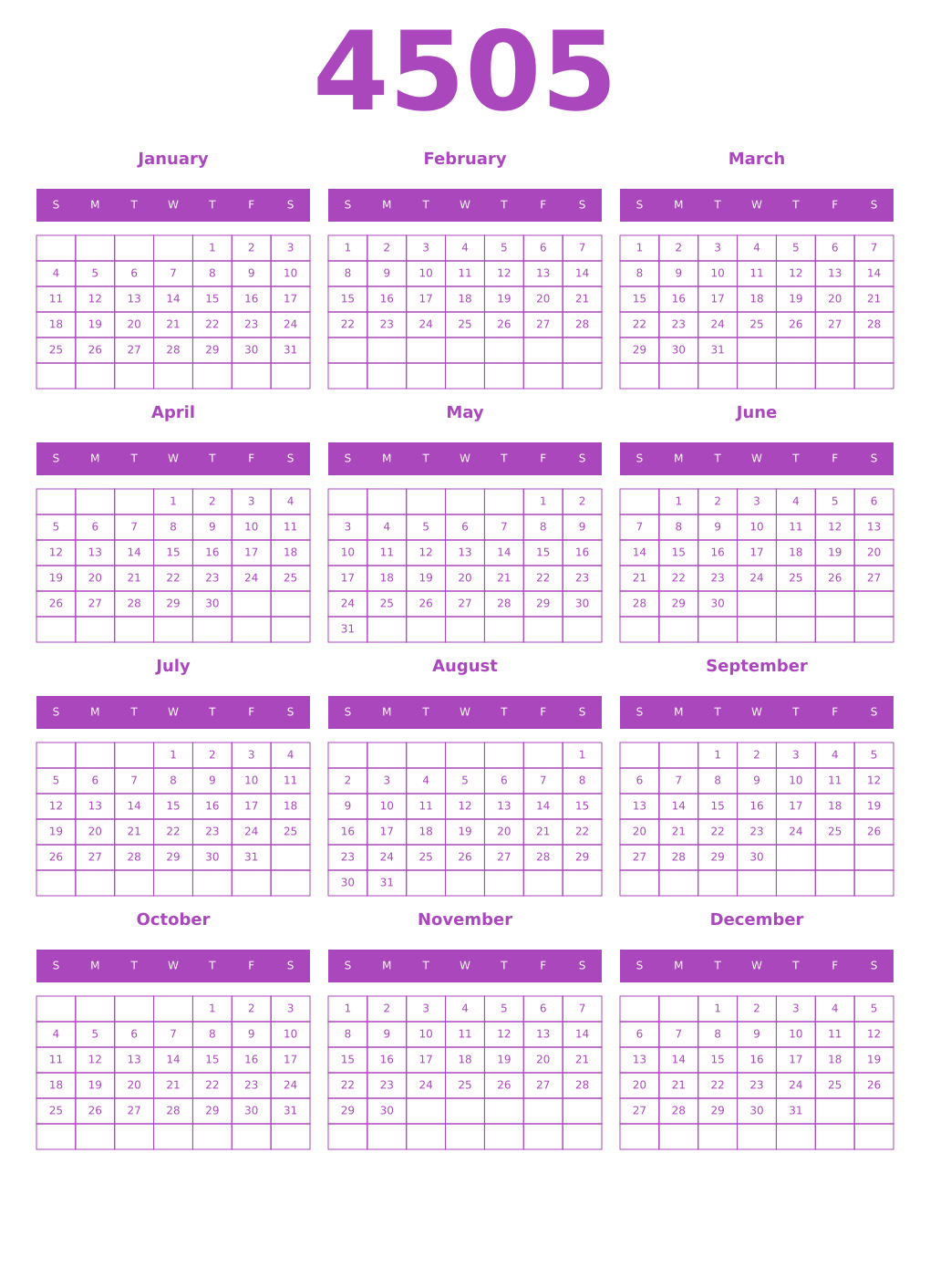 Printable 4505 Year Calendars purple