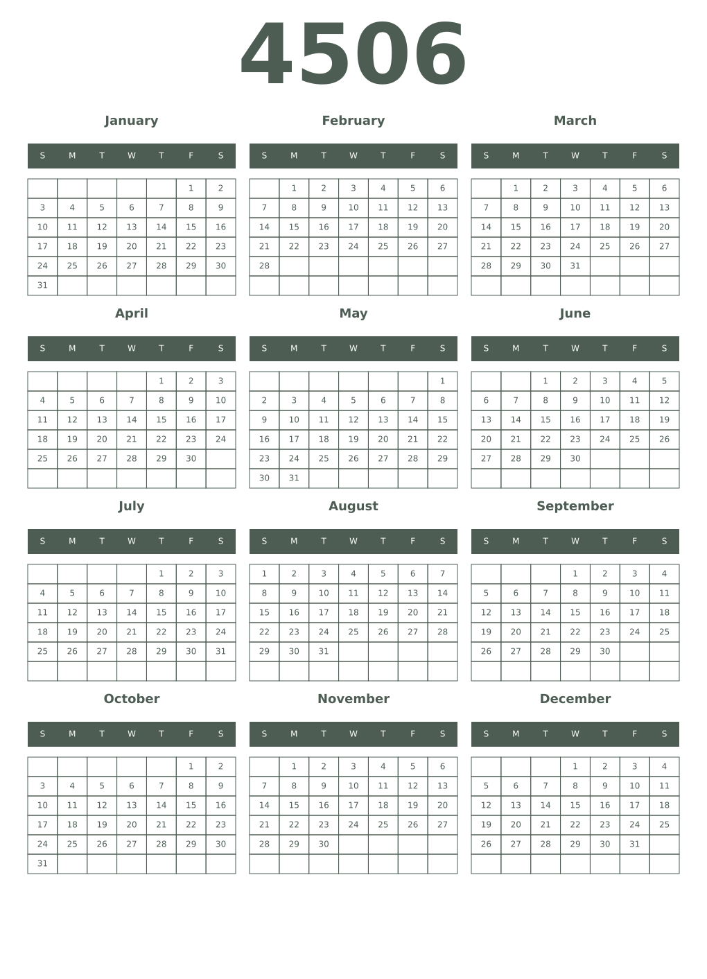 Printable 4506 Year Calendars feldgrau