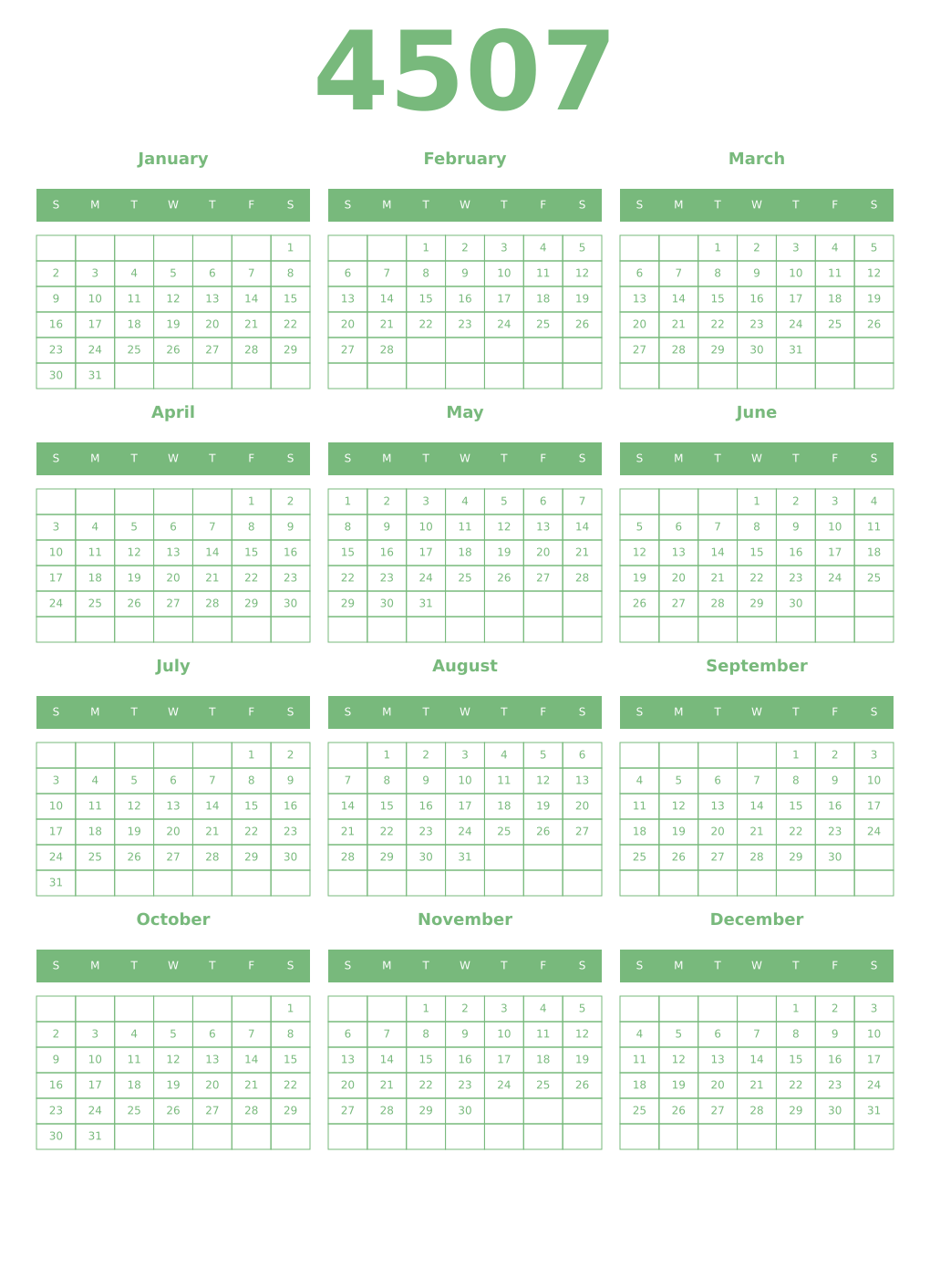 Printable 4507 Year Calendars celadon