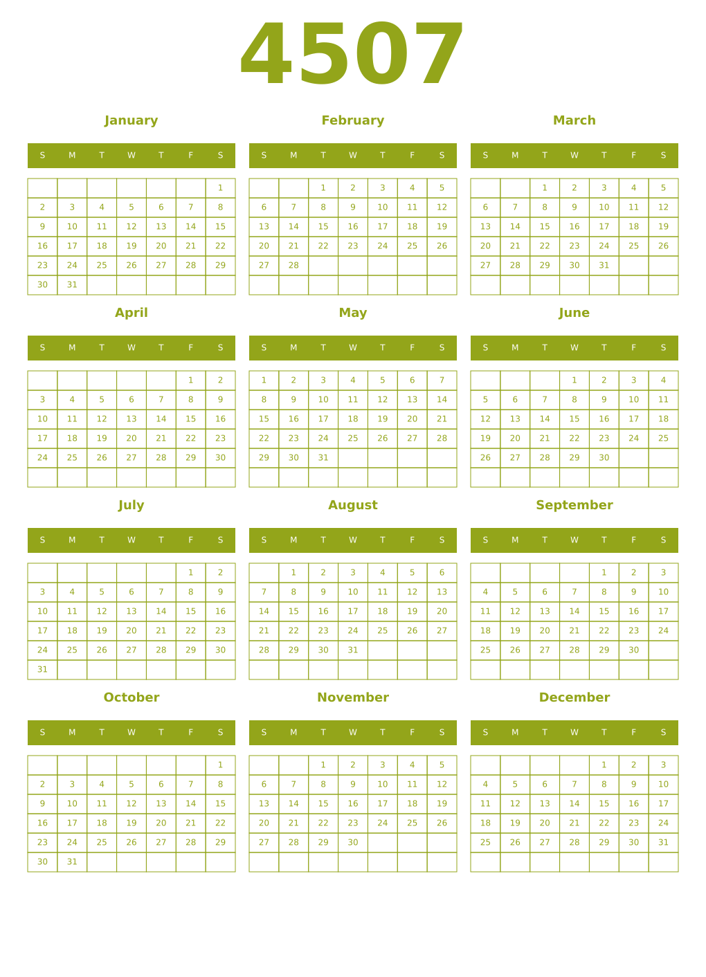 Printable 4507 Year Calendars chartreuse