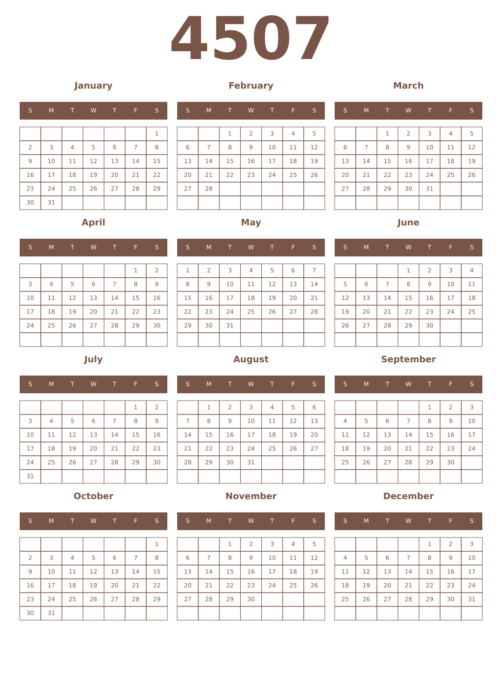 Printable 4507 Year Calendars coffe
