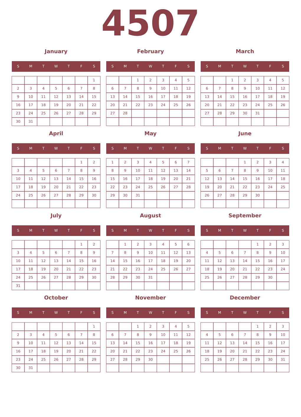 Printable 4507 Year Calendars cordovan