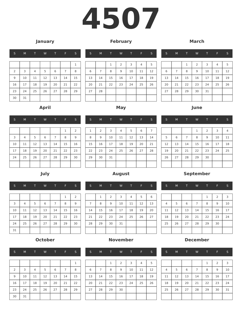 Printable 4507 Year Calendars dark