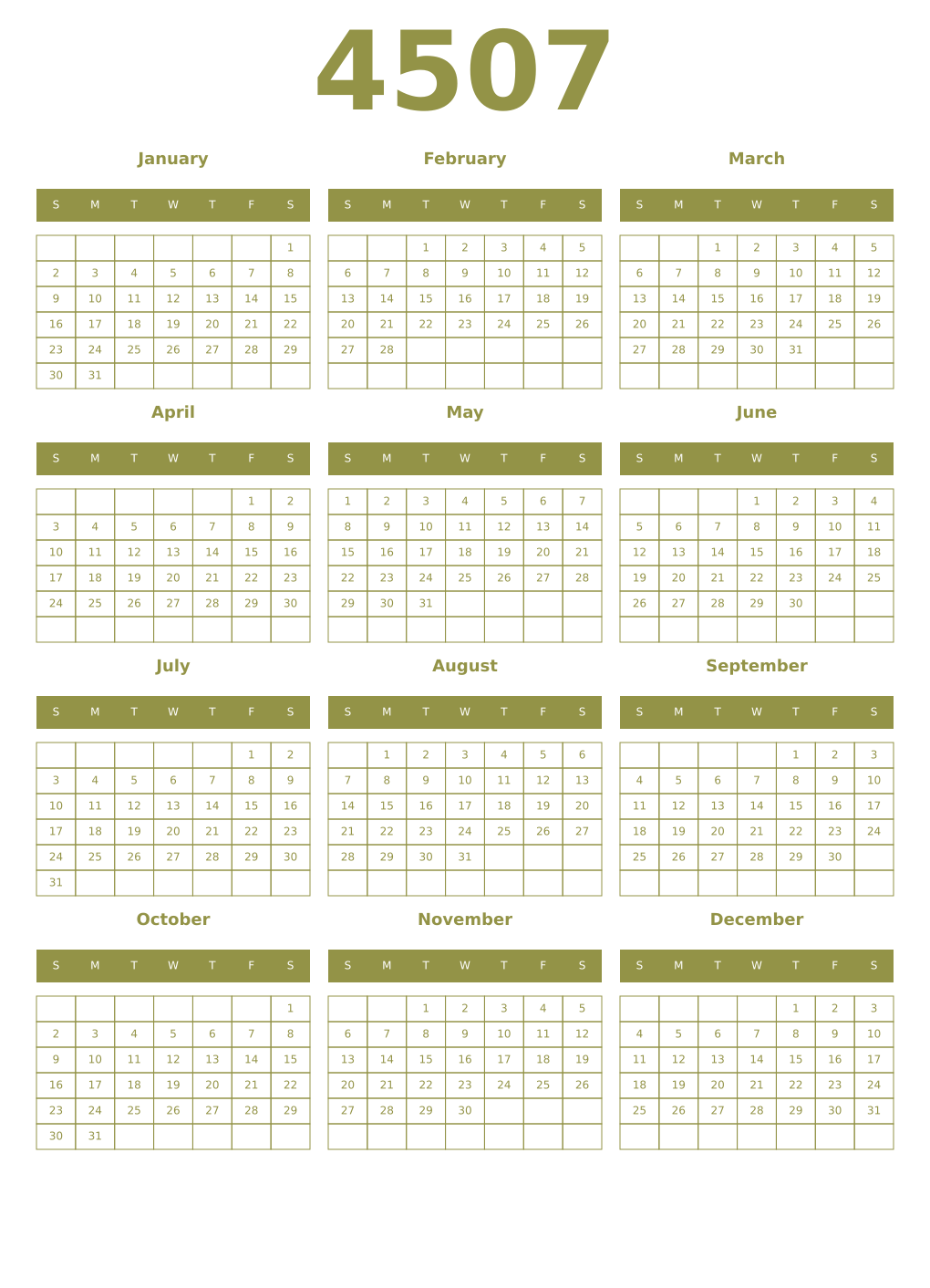 Printable 4507 Year Calendars eburnean