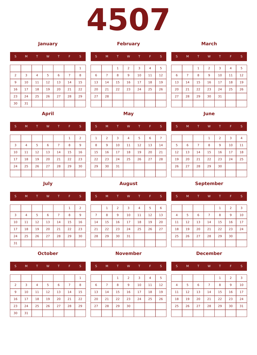 Printable 4507 Year Calendars falu