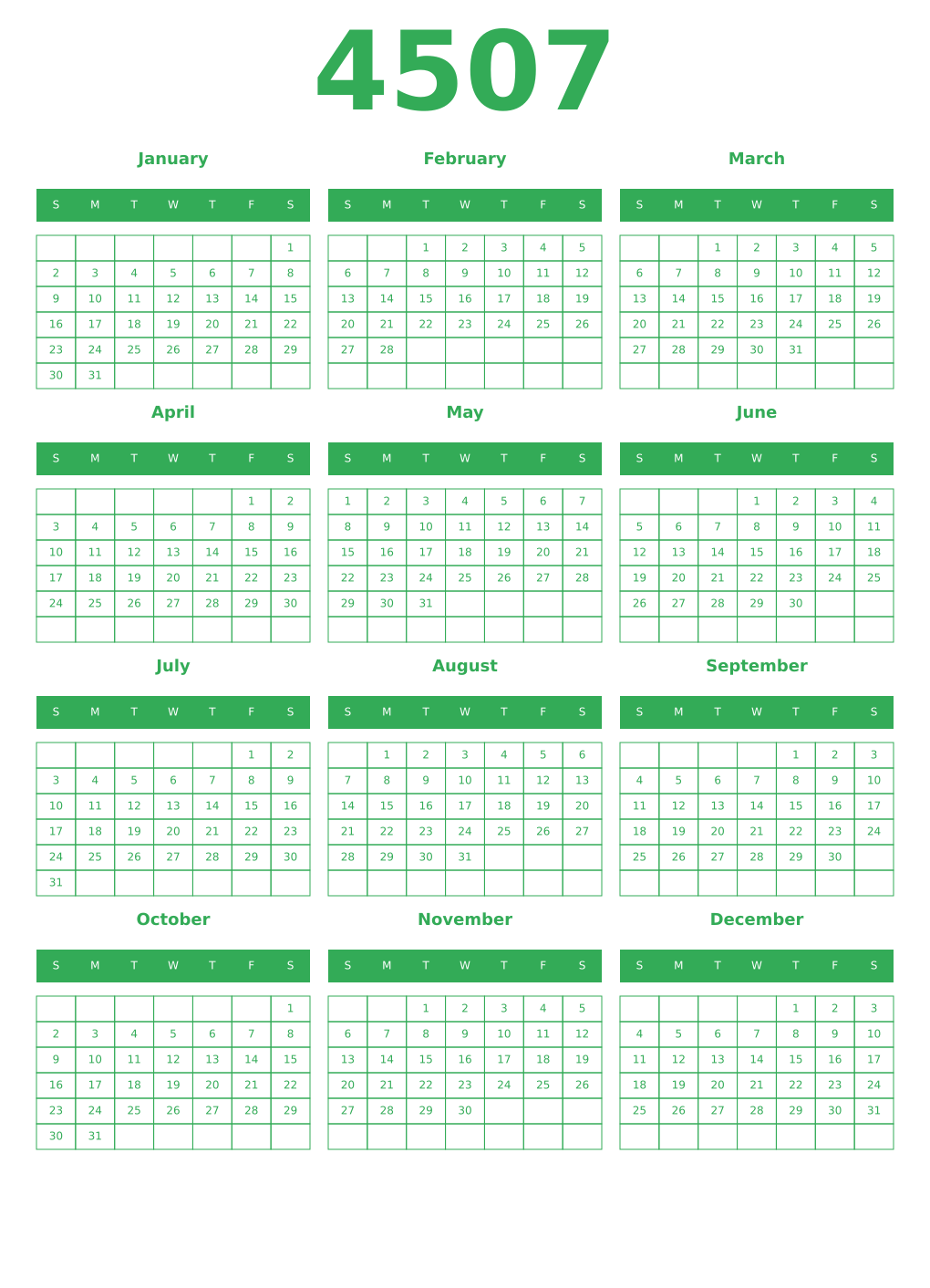 Printable 4507 Year Calendars green