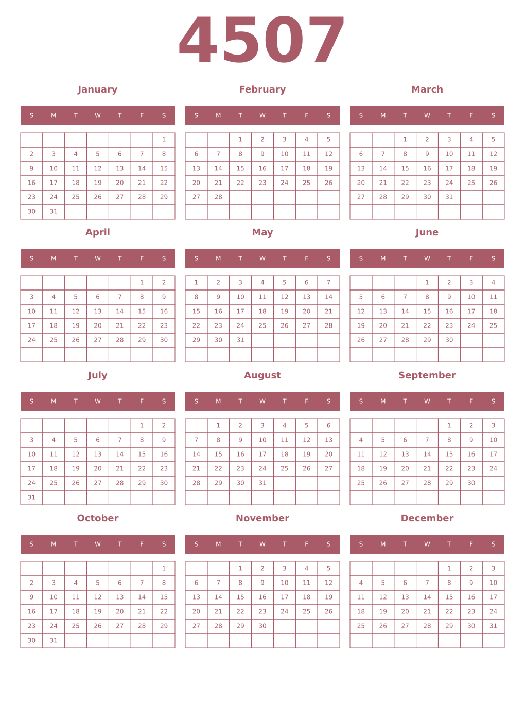 Printable 4507 Year Calendars puce
