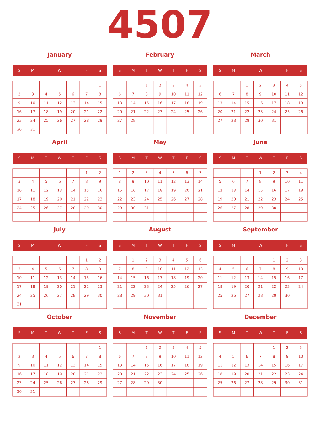Printable 4507 Year Calendars red