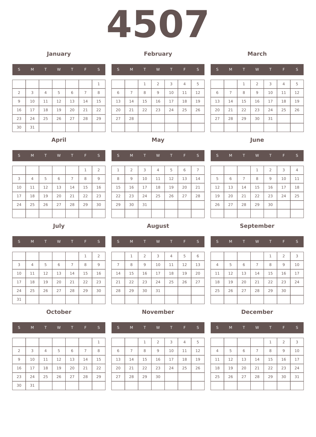 Printable 4507 Year Calendars wenge