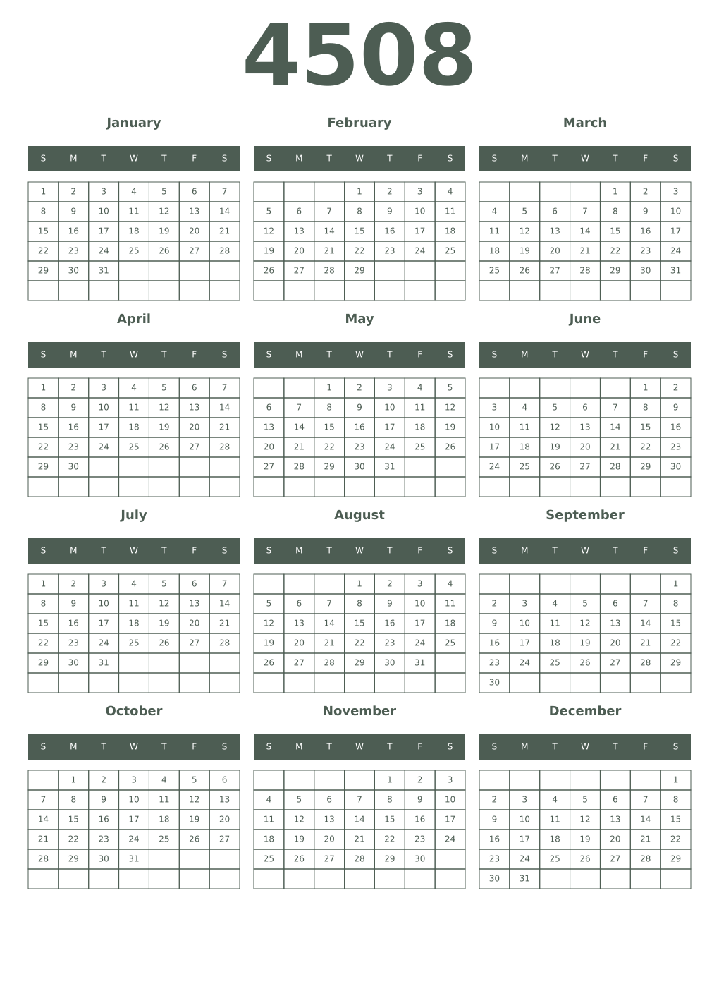 Printable 4508 Year Calendars feldgrau