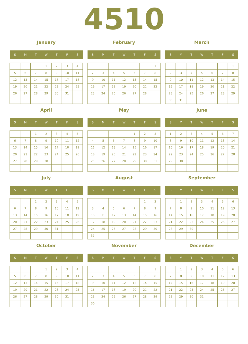 Printable 4510 Year Calendars eburnean