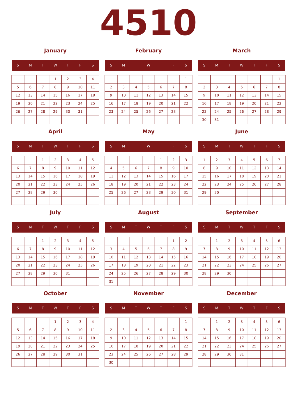 Printable 4510 Year Calendars falu