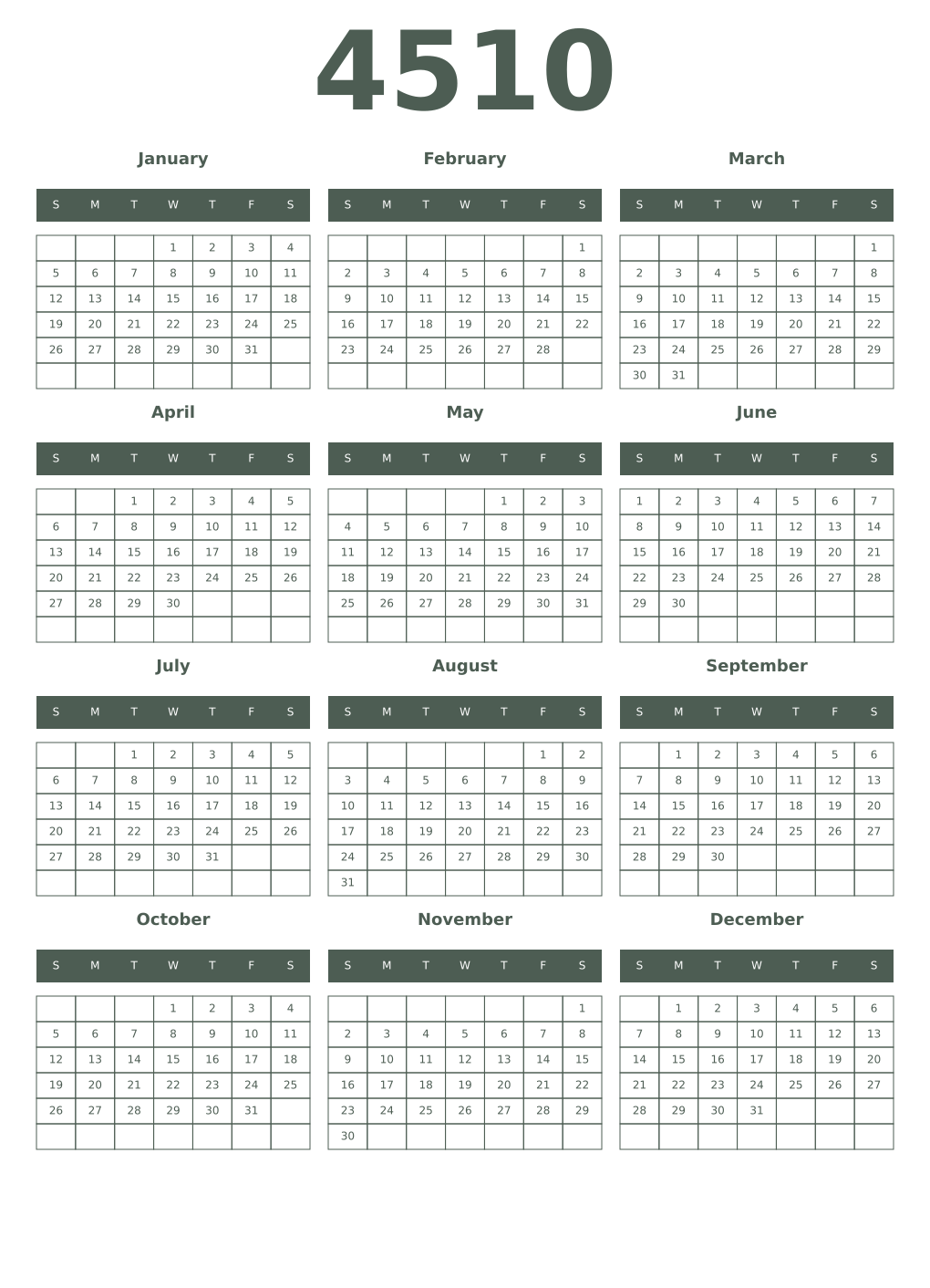 Printable 4510 Year Calendars feldgrau