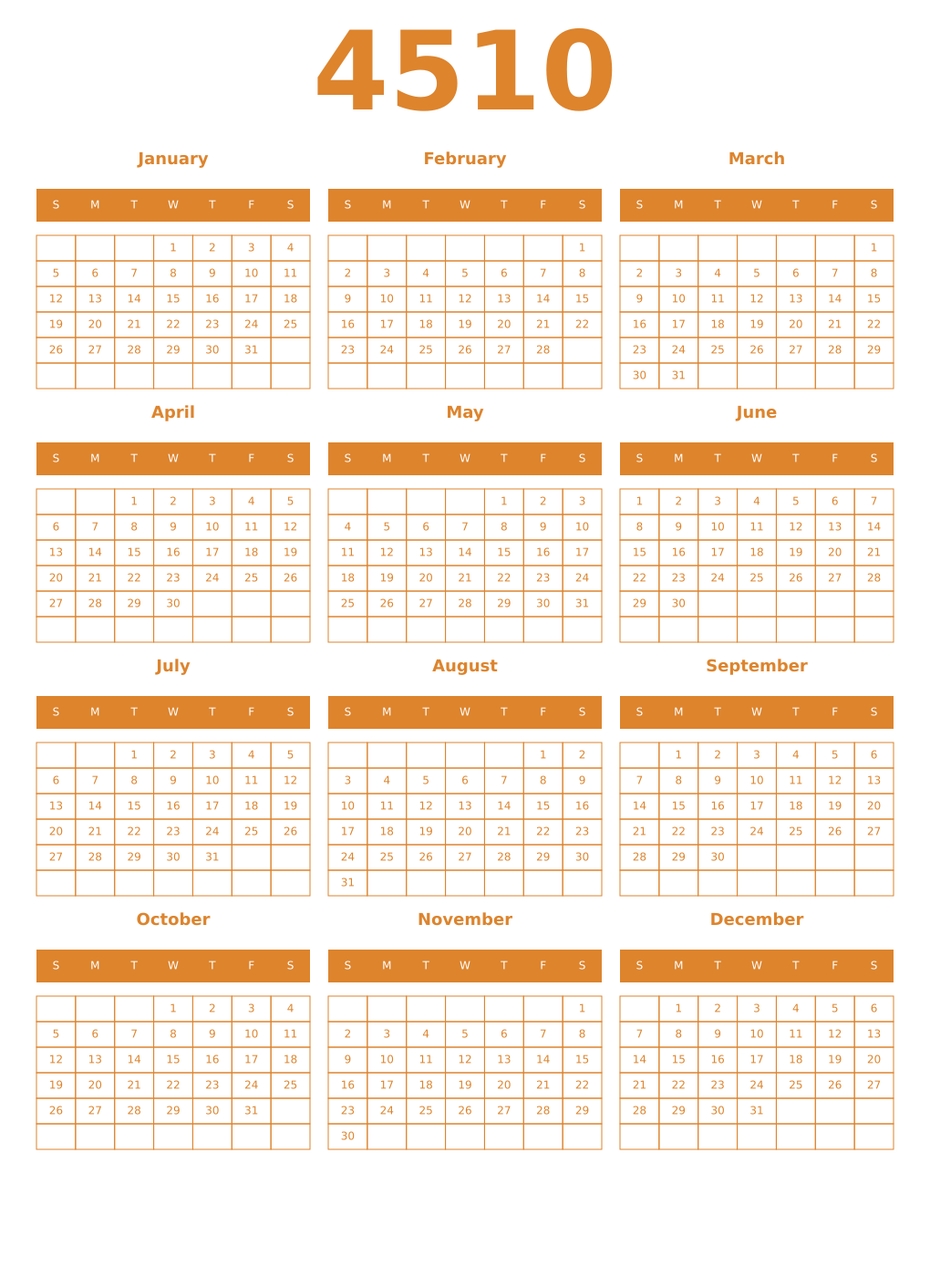 Printable 4510 Year Calendars orange