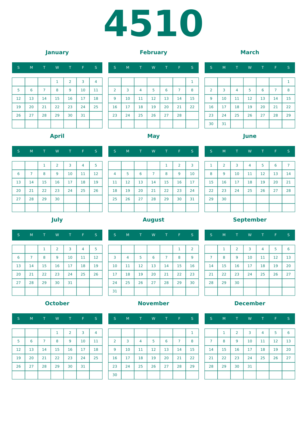 Printable 4510 Year Calendars pastel