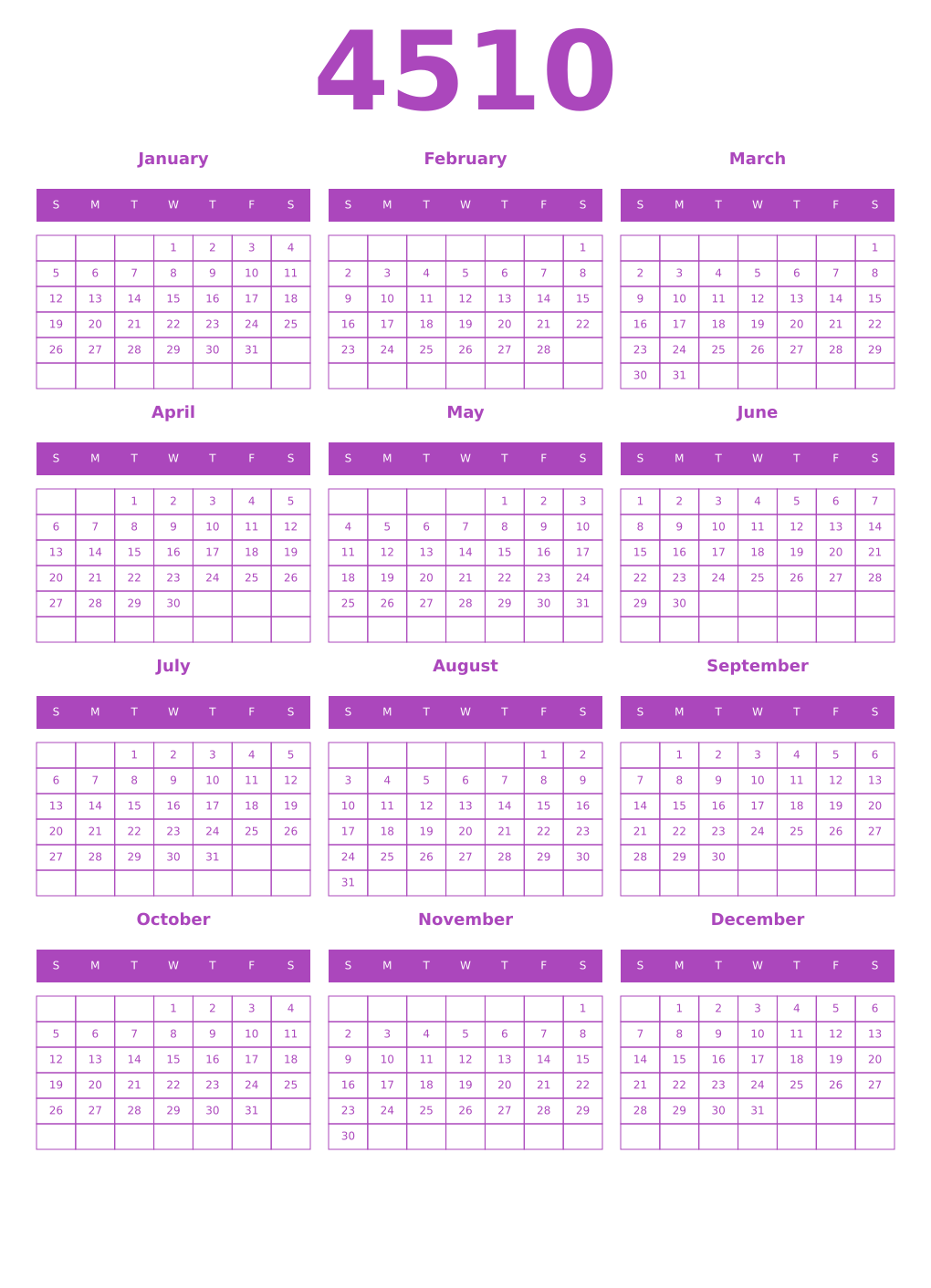 Printable 4510 Year Calendars purple
