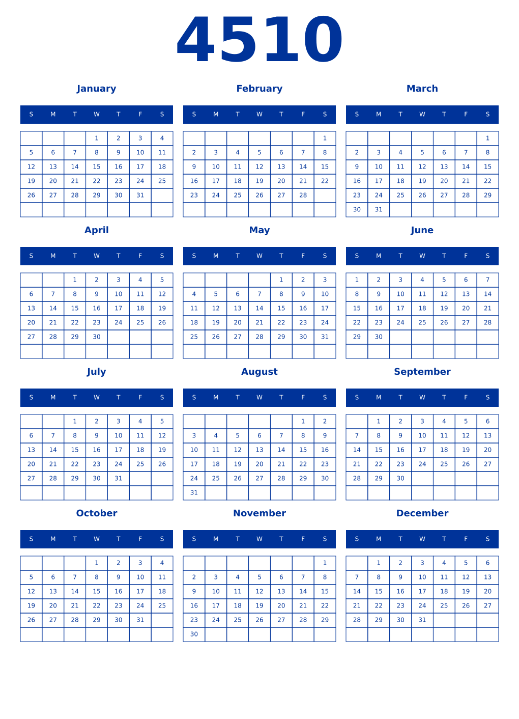 Printable 4510 Year Calendars smalt