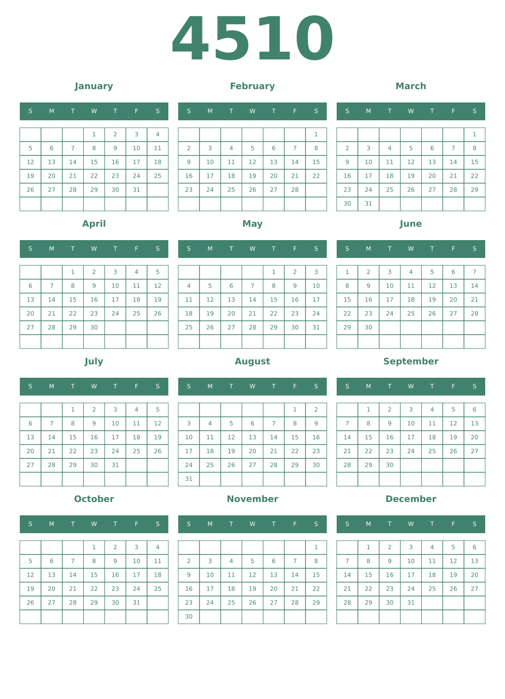 Printable 4510 Year Calendars viridian
