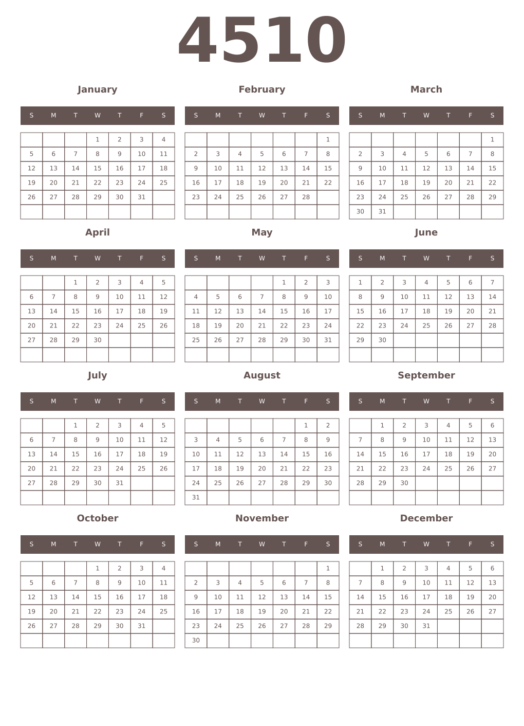 Printable 4510 Year Calendars wenge