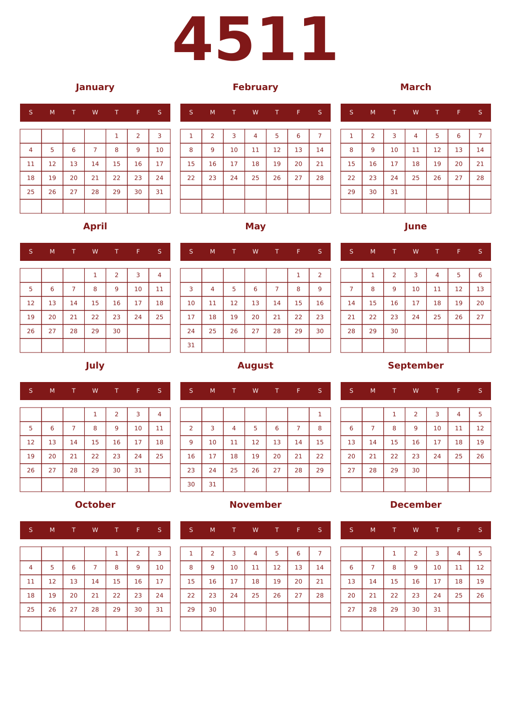 Printable 4511 Year Calendars falu