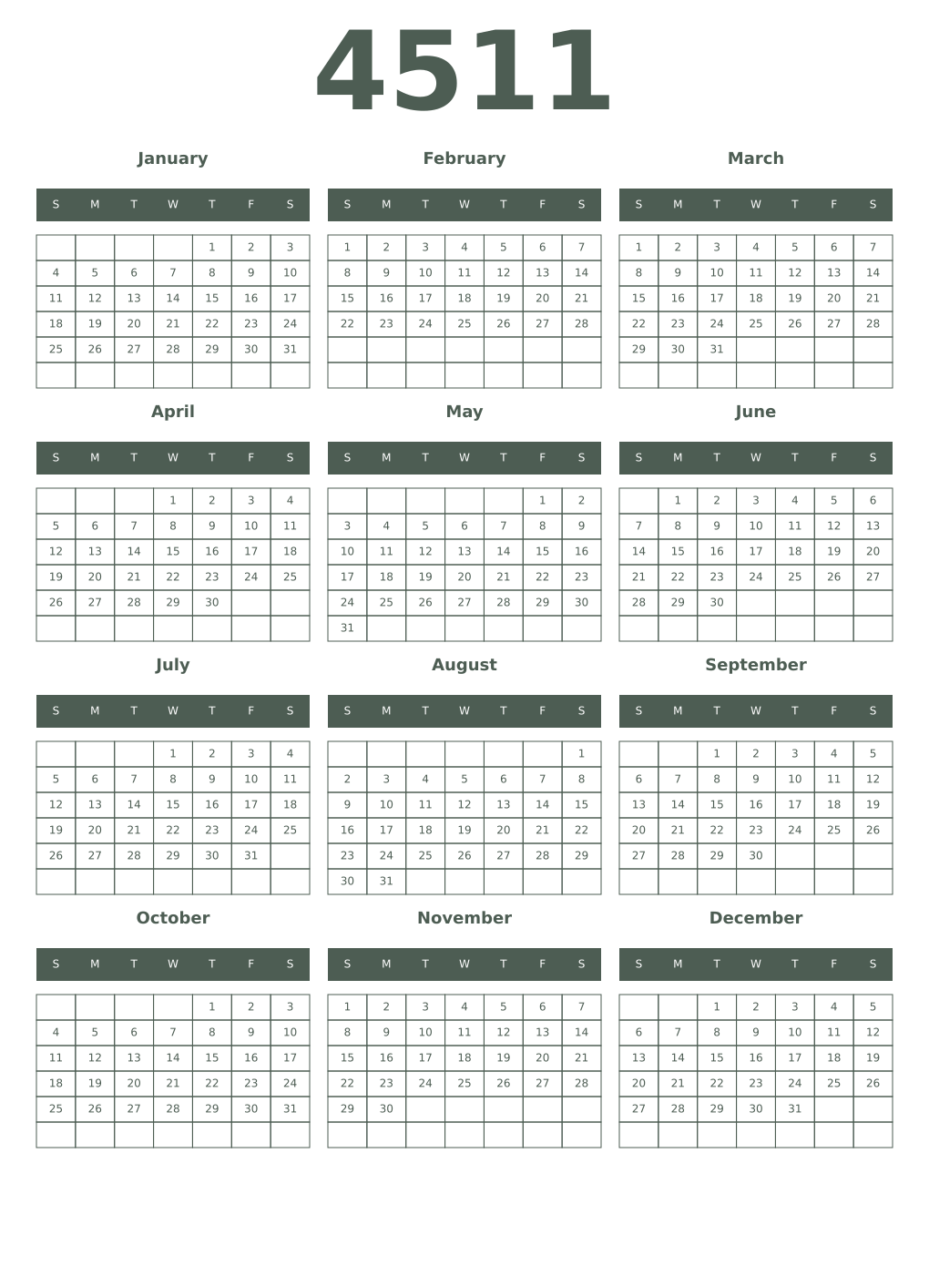 Printable 4511 Year Calendars feldgrau