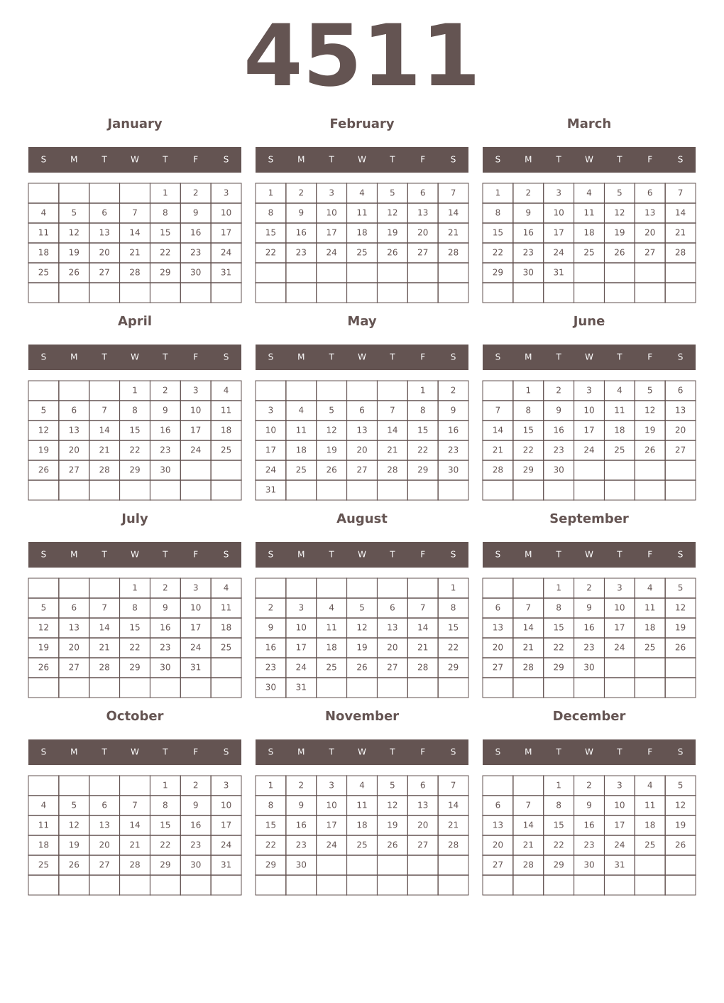 Printable 4511 Year Calendars wenge