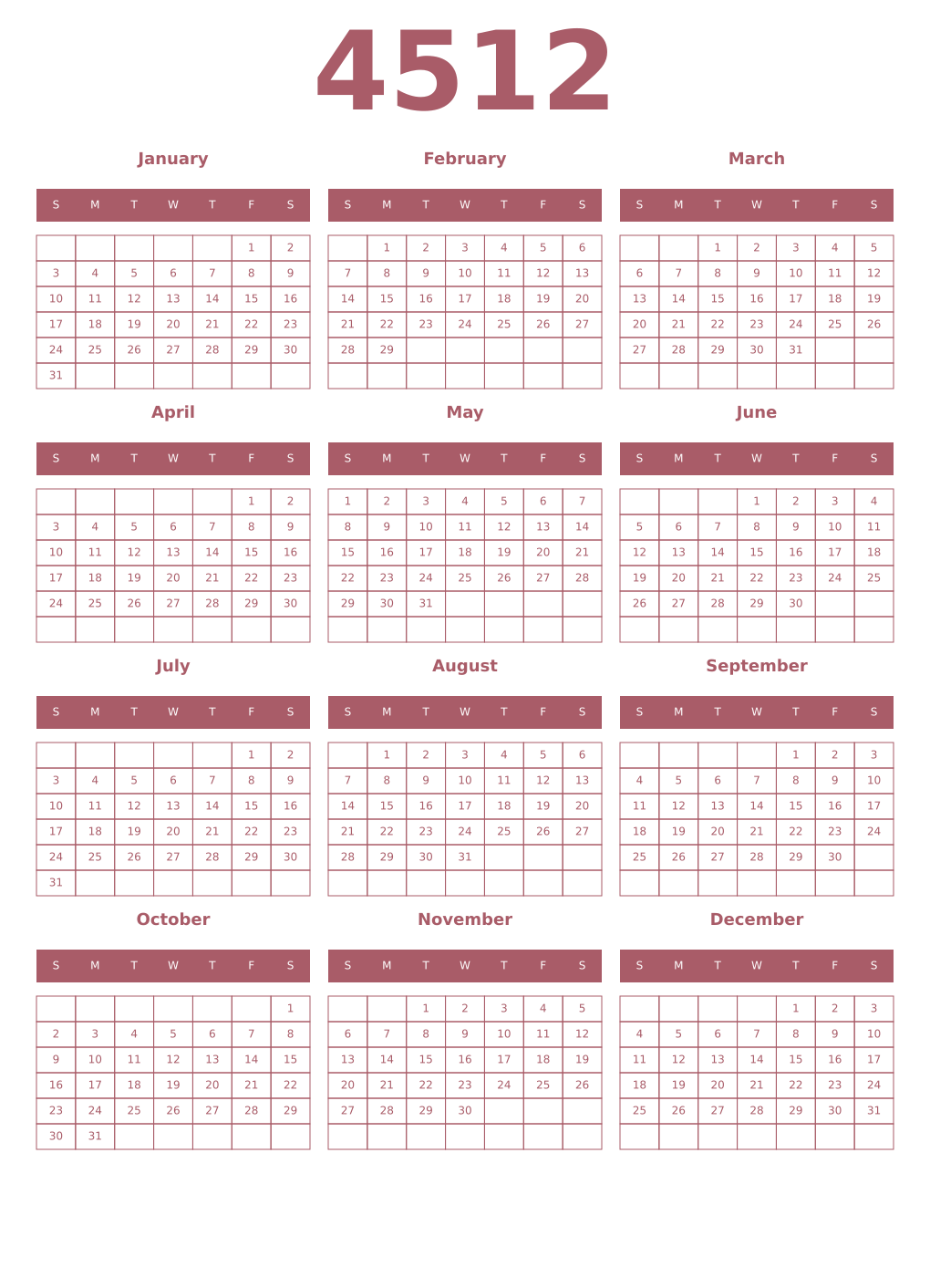 Printable 4512 Year Calendars puce