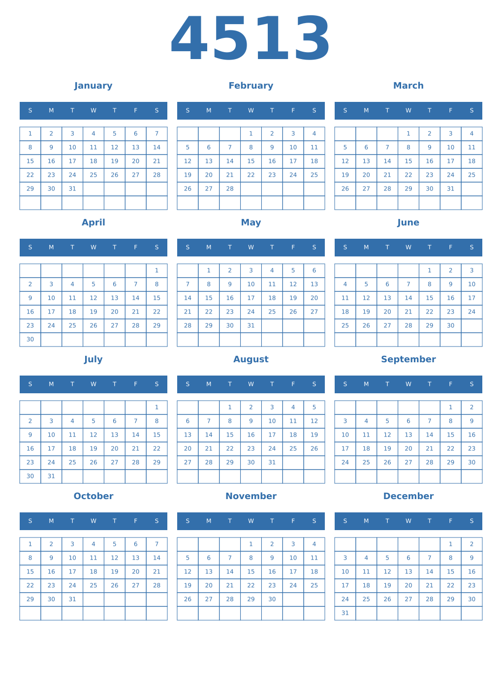 Printable 4513 Year Calendars blue