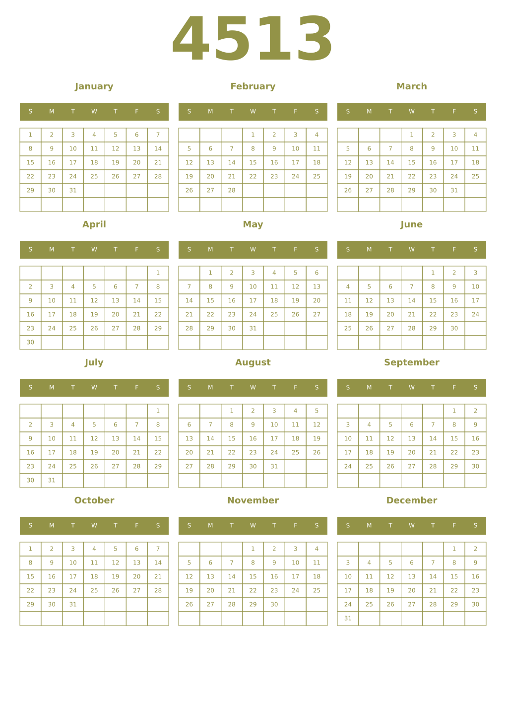 Printable 4513 Year Calendars eburnean
