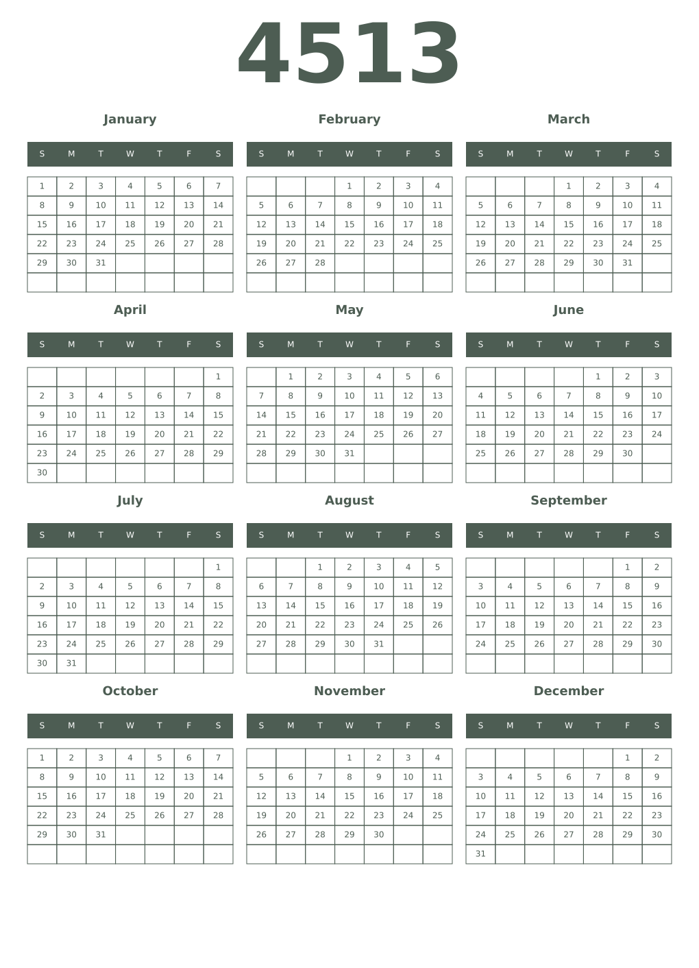 Printable 4513 Year Calendars feldgrau