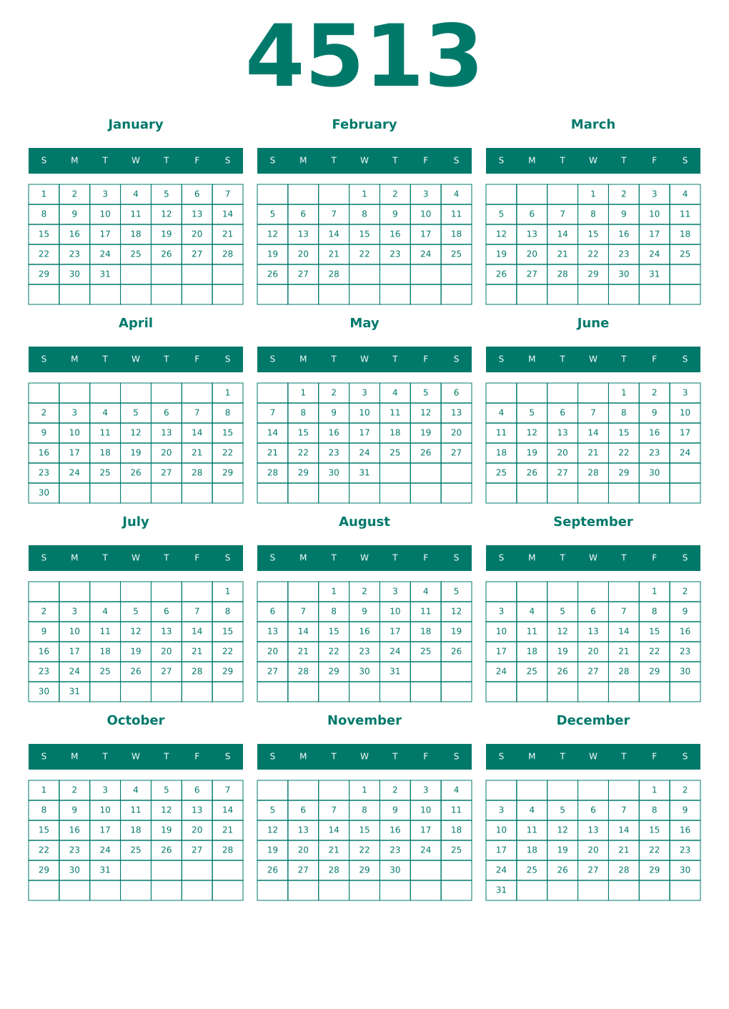 Printable 4513 Year Calendars pastel