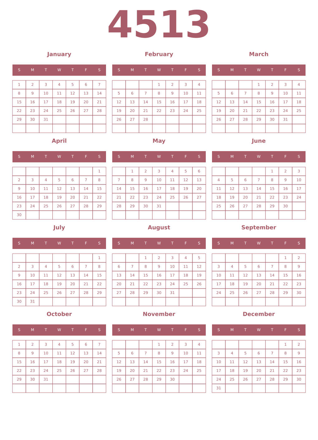 Printable 4513 Year Calendars puce