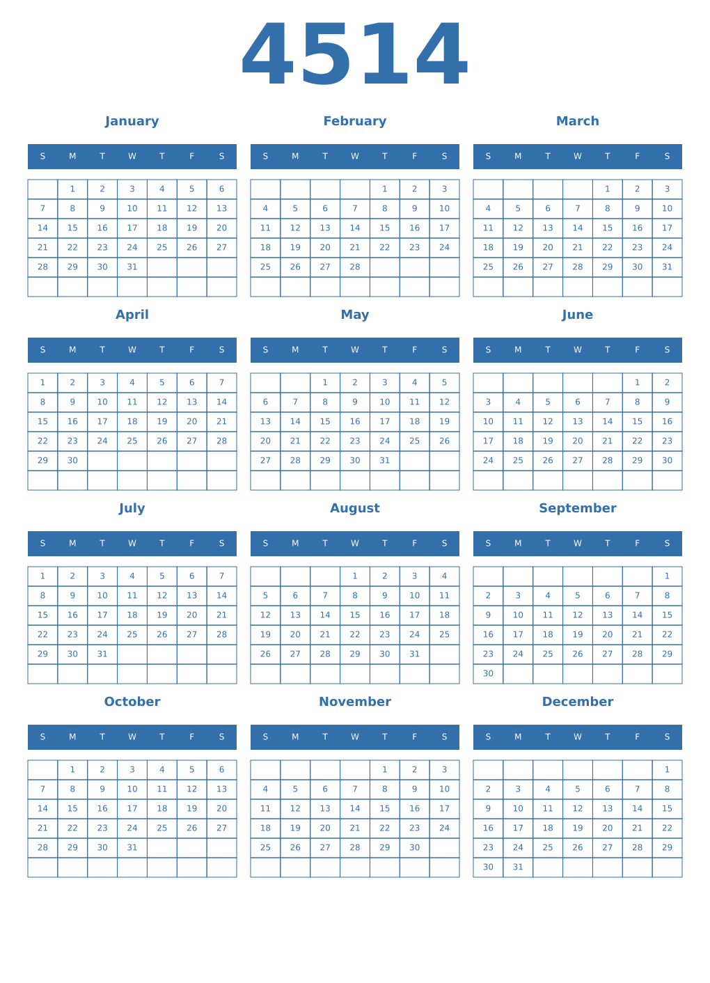 Printable 4514 Year Calendars blue