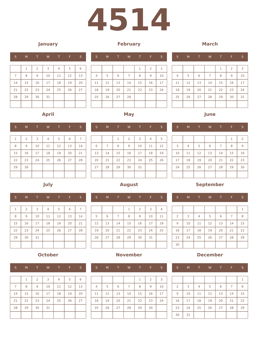Printable 4514 Year Calendars coffe