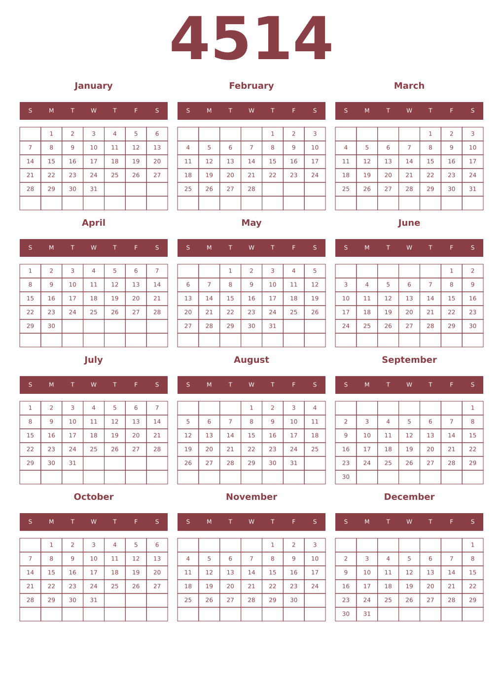 Printable 4514 Year Calendars cordovan