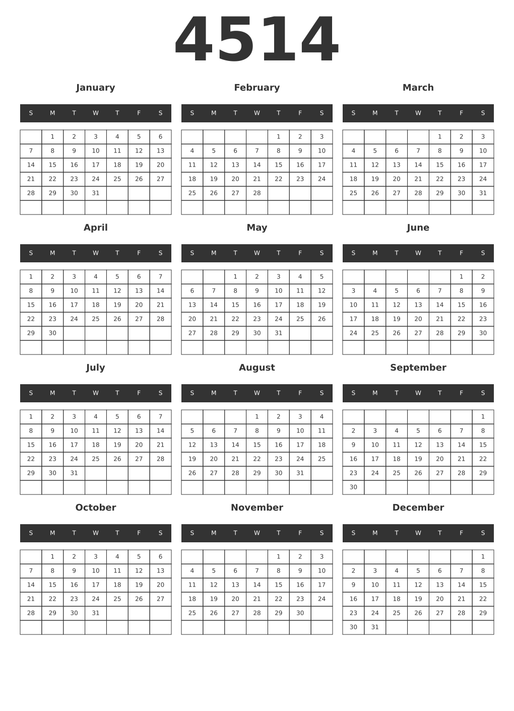 Printable 4514 Year Calendars dark