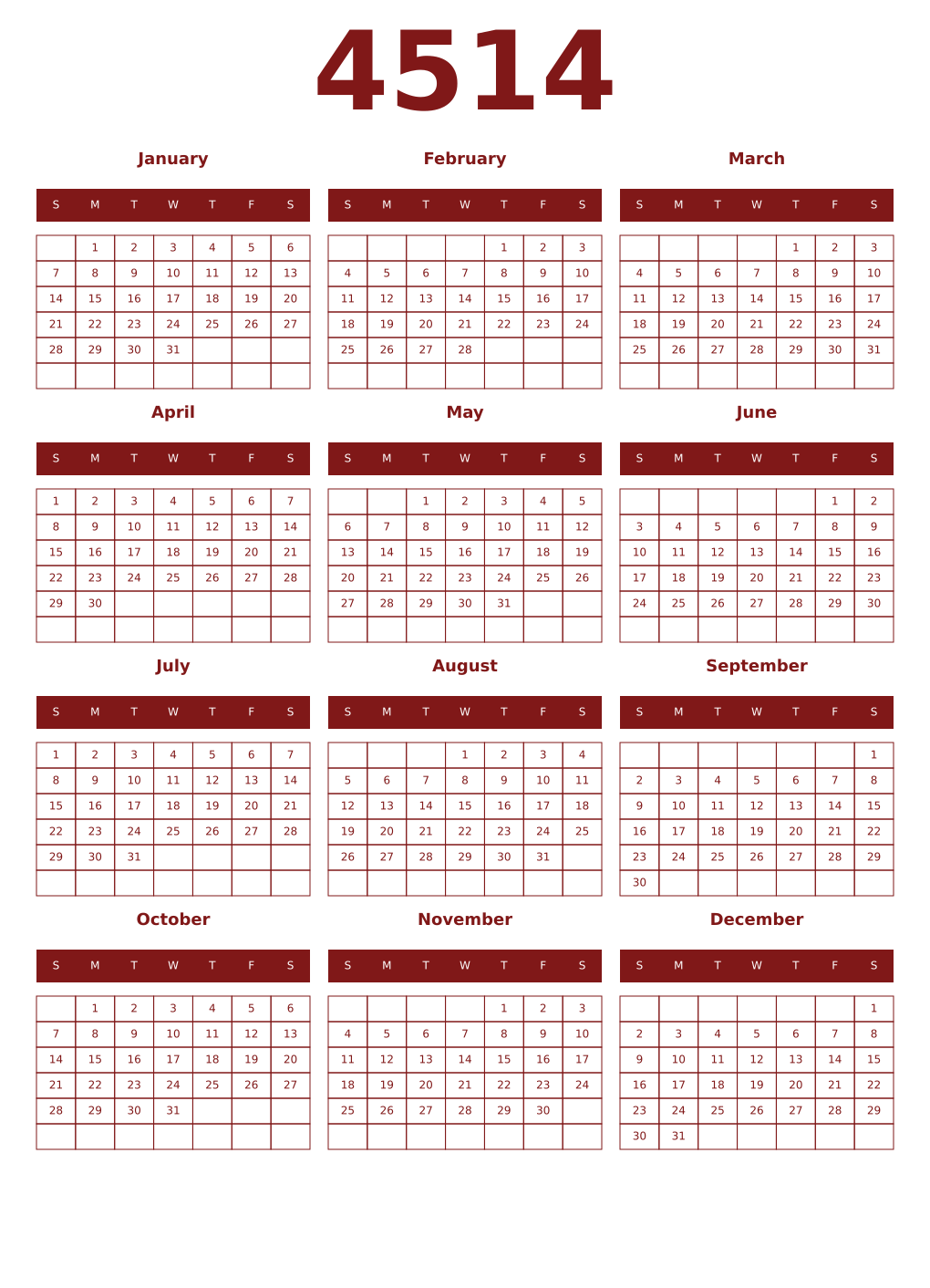 Printable 4514 Year Calendars falu