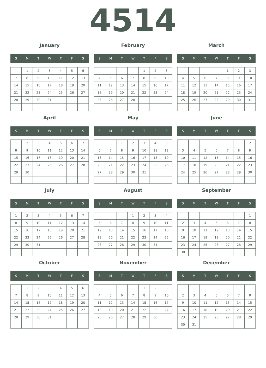 Printable 4514 Year Calendars feldgrau