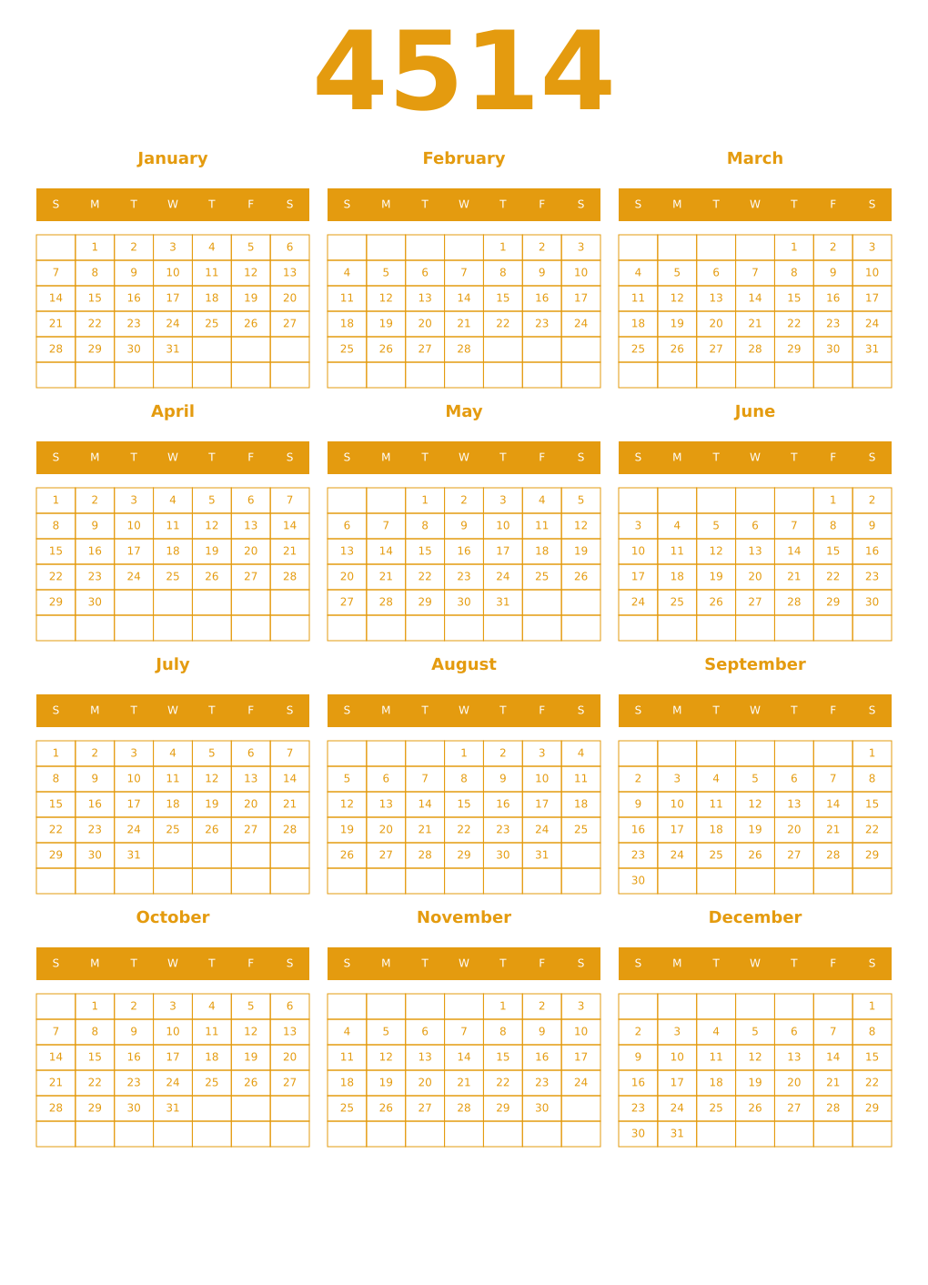 Printable 4514 Year Calendars gamboge