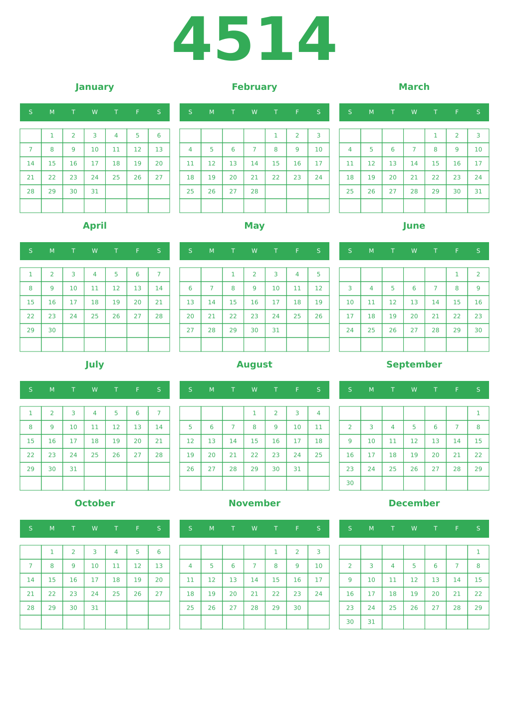 Printable 4514 Year Calendars green