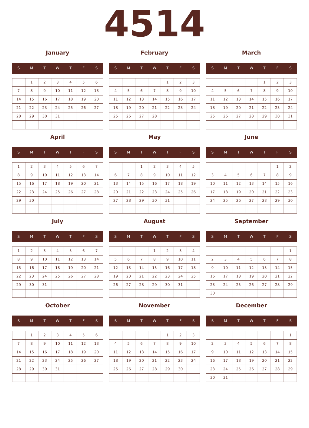 Printable 4514 Year Calendars mortuum