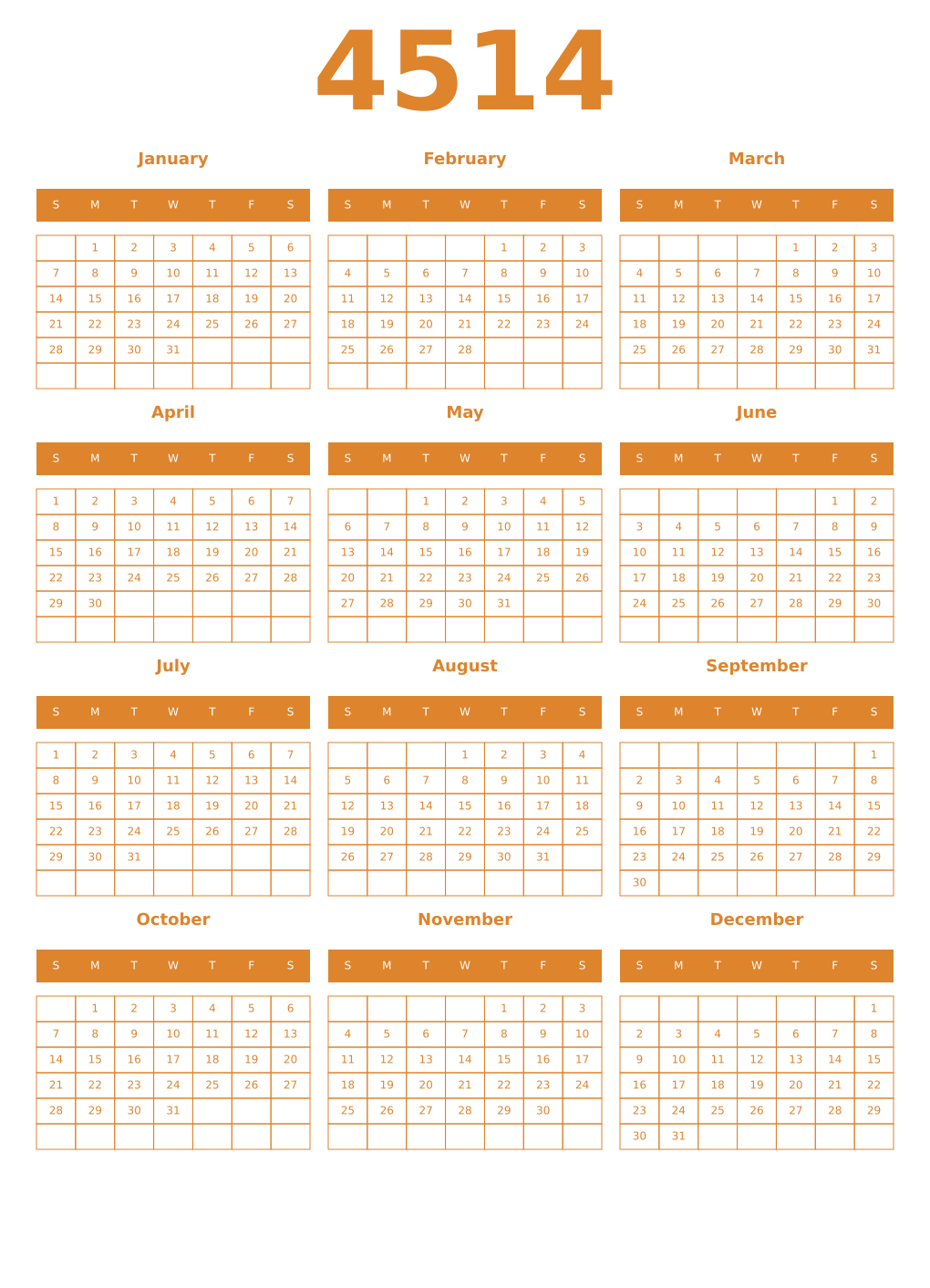 Printable 4514 Year Calendars orange