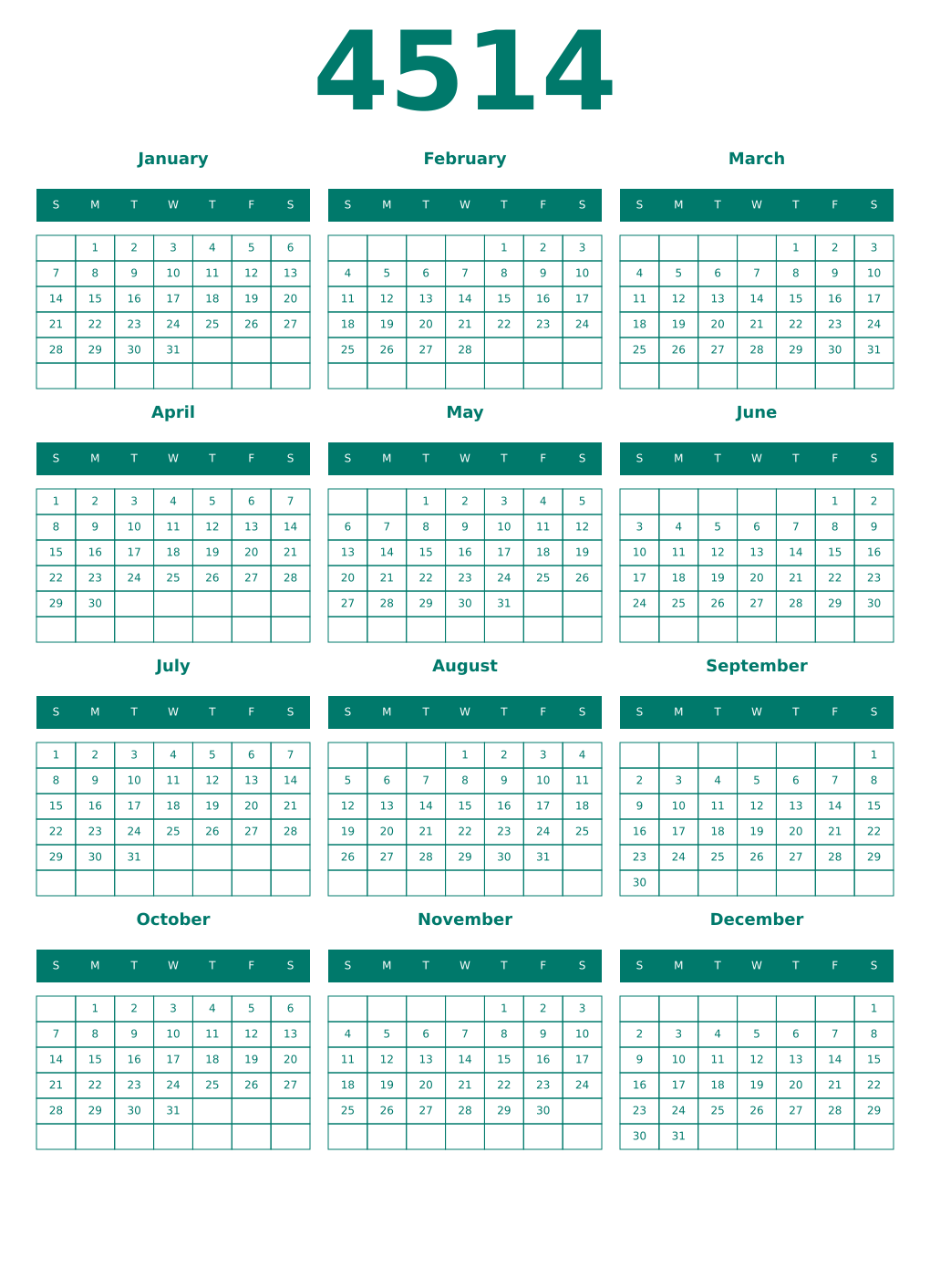 Printable 4514 Year Calendars pastel