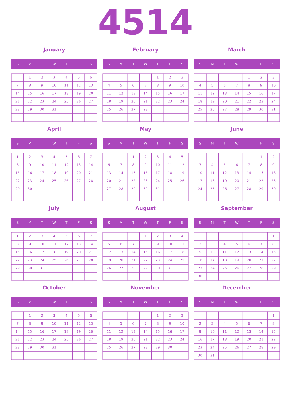Printable 4514 Year Calendars purple