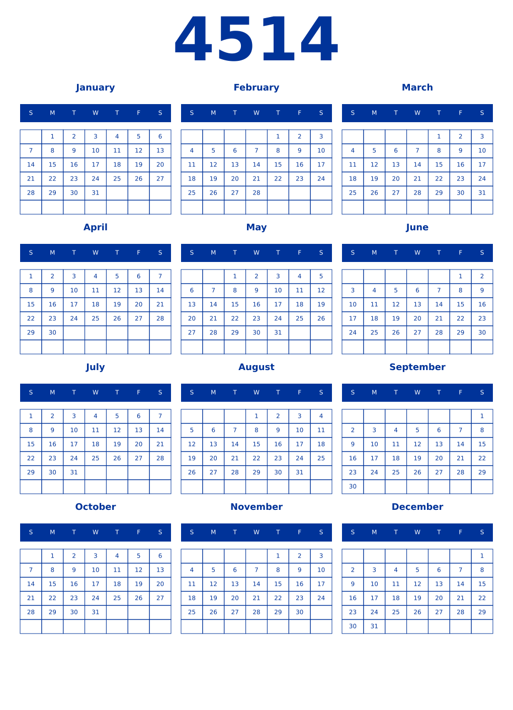 Printable 4514 Year Calendars smalt