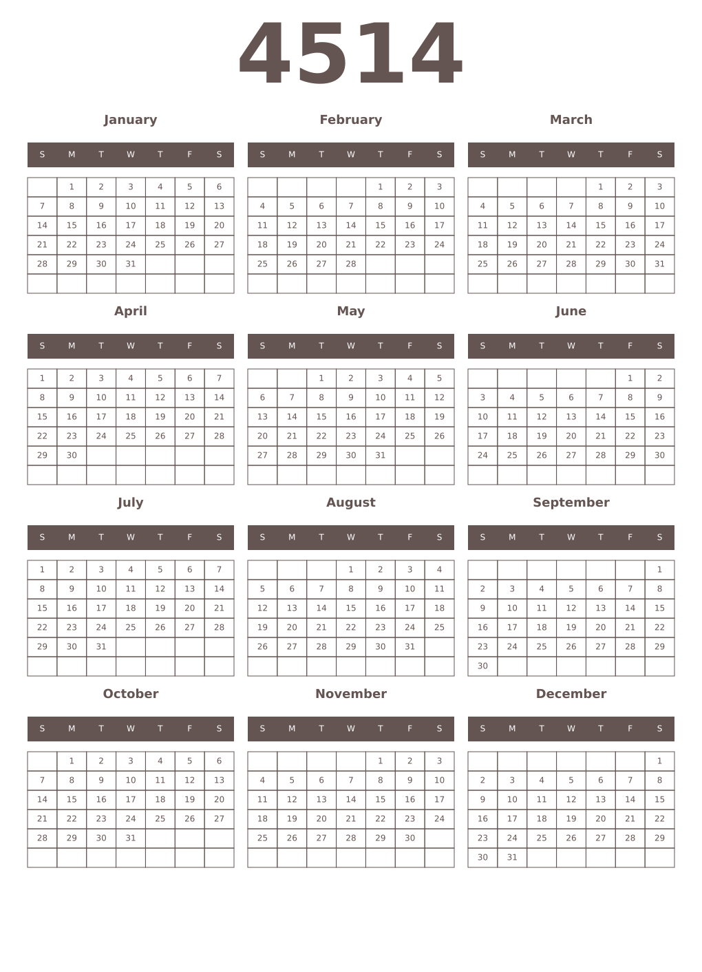 Printable 4514 Year Calendars wenge
