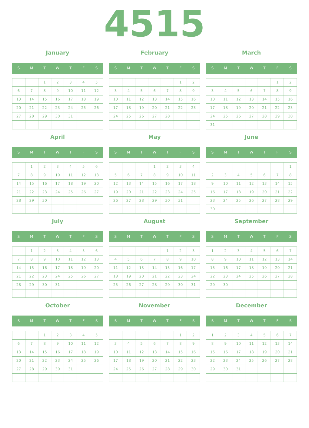 Printable 4515 Year Calendars celadon