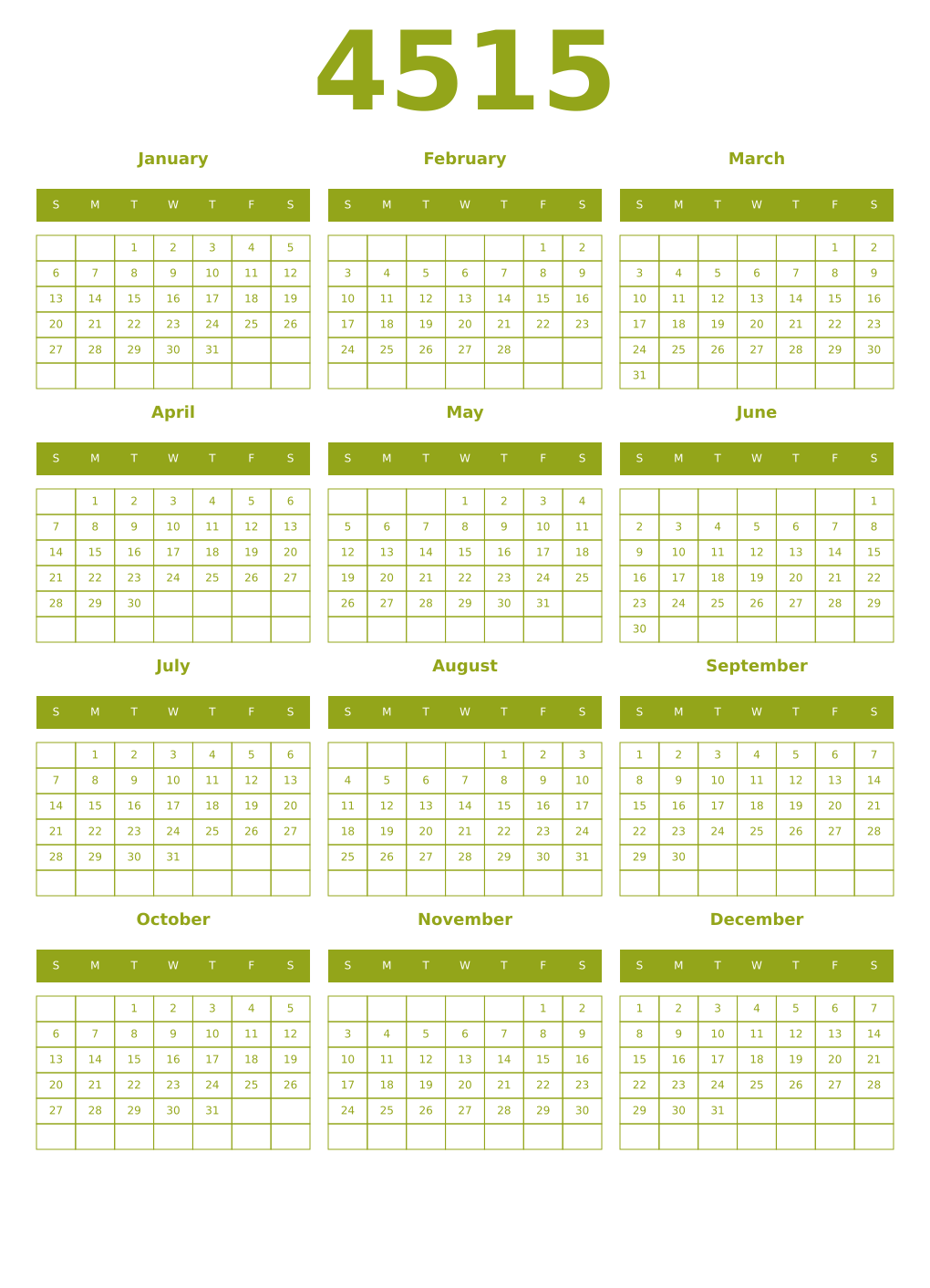 Printable 4515 Year Calendars chartreuse