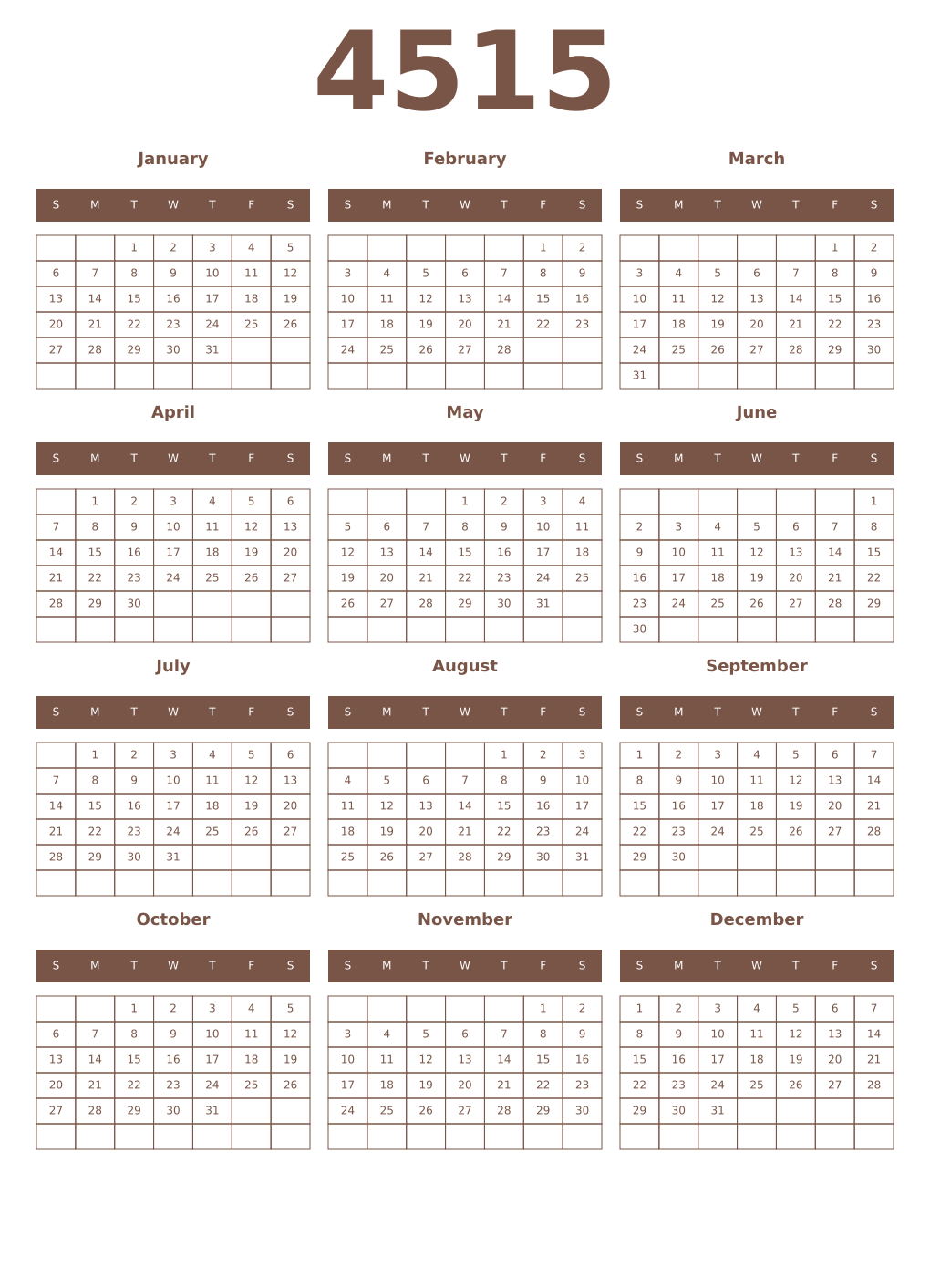 Printable 4515 Year Calendars coffe