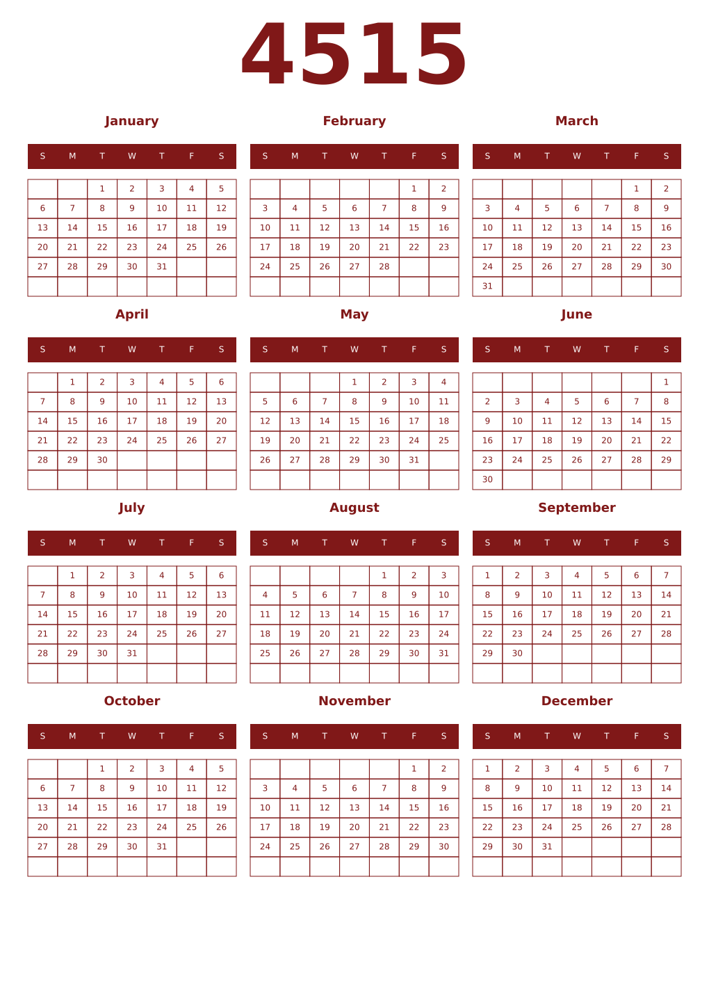 Printable 4515 Year Calendars falu